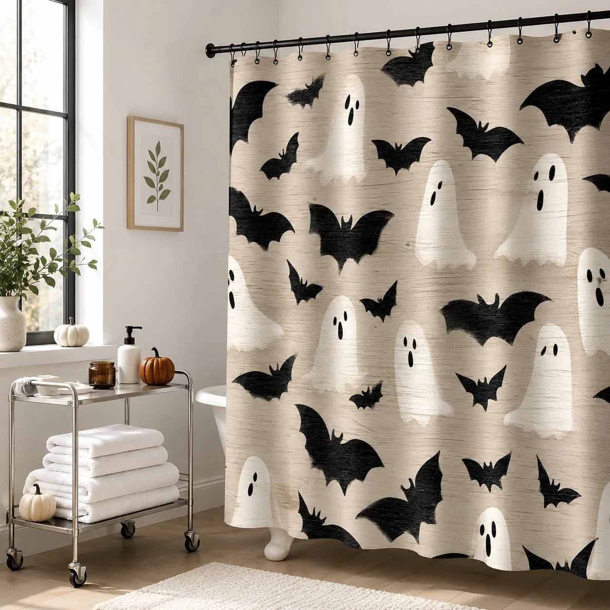 [Halloween Bat Shower Curtain] 2D Flat, 2D Flat 1pc Shower Curtain, Includes 12 Hooks, 1 Halloween Bat Shower Curtain, Repeating Pattern, White Ghosts, Black Bats, Beige Wood Grain Background, Simple and Fun Style, Stylish Home Decor Bathroom Shower