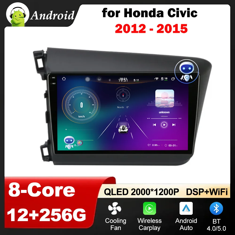 

Автомобильный видеоплеер Android Auto для Honda Civic 2012 2013 2014 2015, GPS Carplay WiFi DSP QLED, стерео HD экран, аксессуары
