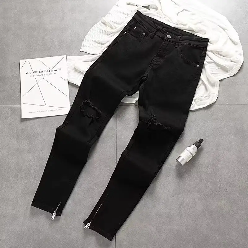 Fashion 2026 Simple Small Feet Zipper Trendy Elastic Korean designer Casual Ripped Pants Slim Zipper Leg Black Pencil Jeans