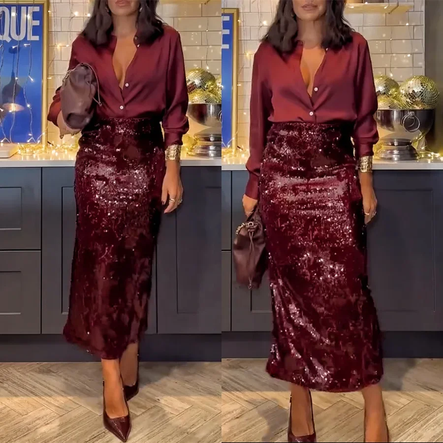 

Women Spring Summer Skirt Set Dress Set Solid Color Sheath Sequins Button V Neck Casual Fashion Sexy Comfortable Regular Dress