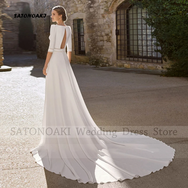 Elegante semplice abito da sposa in raso con scollo tondo per le donne a-line Sweep Train mezze maniche abito da sposa Vestidos De Novia Custom Made