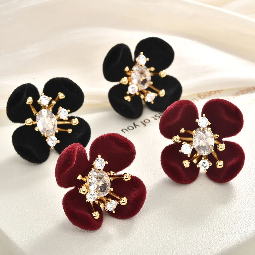 2025 autumn and winter new retro burgundy flocking flower stud earrings super flash zirconium unique design temperament fashion
