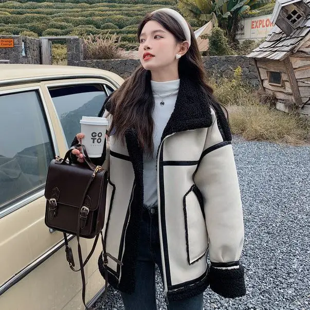 

Women's Faux Shearling Jacket Winter Thick Warm Biker Coat Stand Collar Outerwear