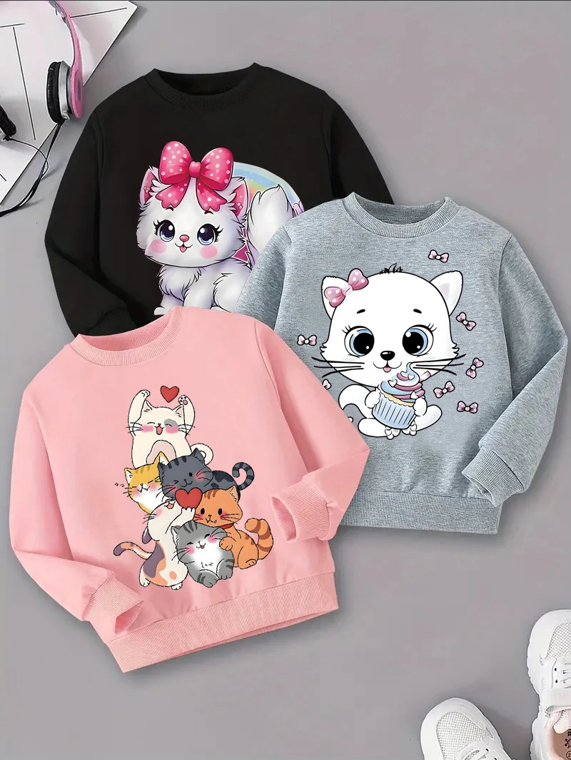 

3 Pieces, Cartoon Cat Pattern Print, Fashionable Casual Cute Round Neck Long-Sleeved Sweatshirt for Baby Girls