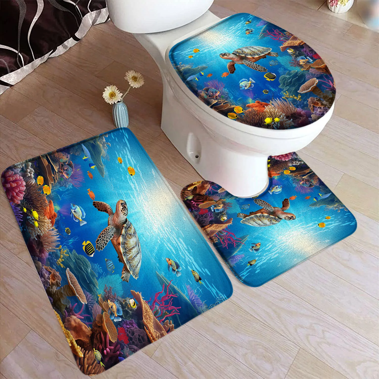 Funny Dolphin Sea Turtle Bath Mat Set Marine Animals Fish Coral Underwater Scenery Home Bathroom Decor Rugs U-Mats Toilet Cover