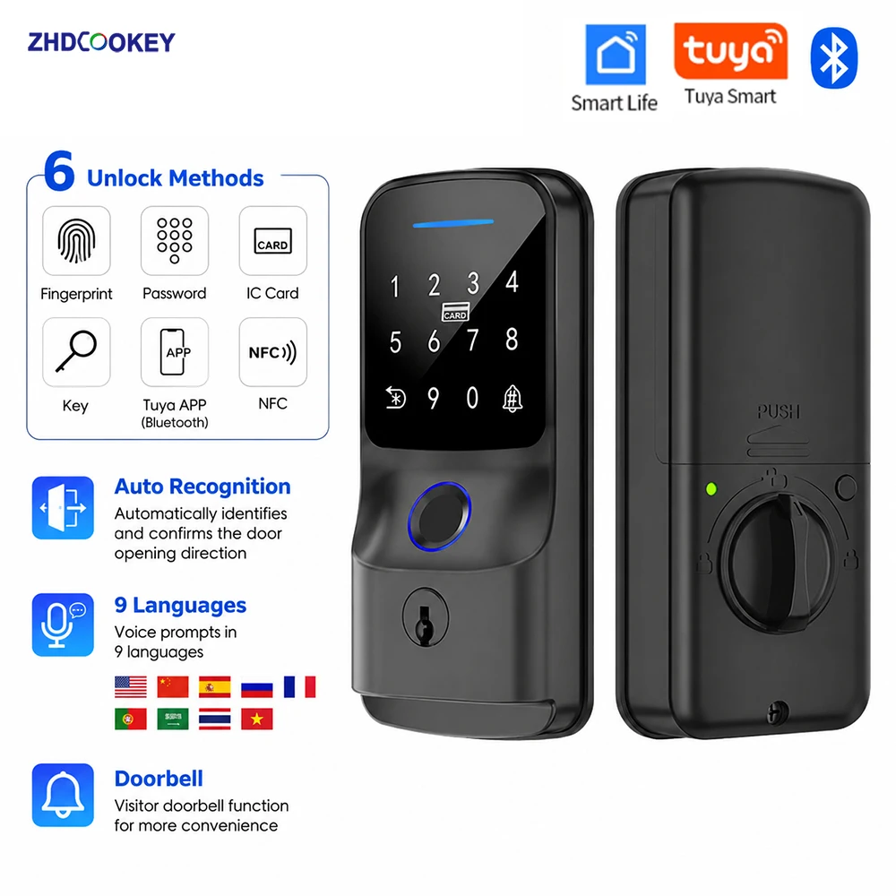 Tuya Smart Lock Fingerprint Door Lock Keyless Entry Electronic Deadbolt 6 Unlock Methods NFC IC Card Key Auto Recognize Doorbell
