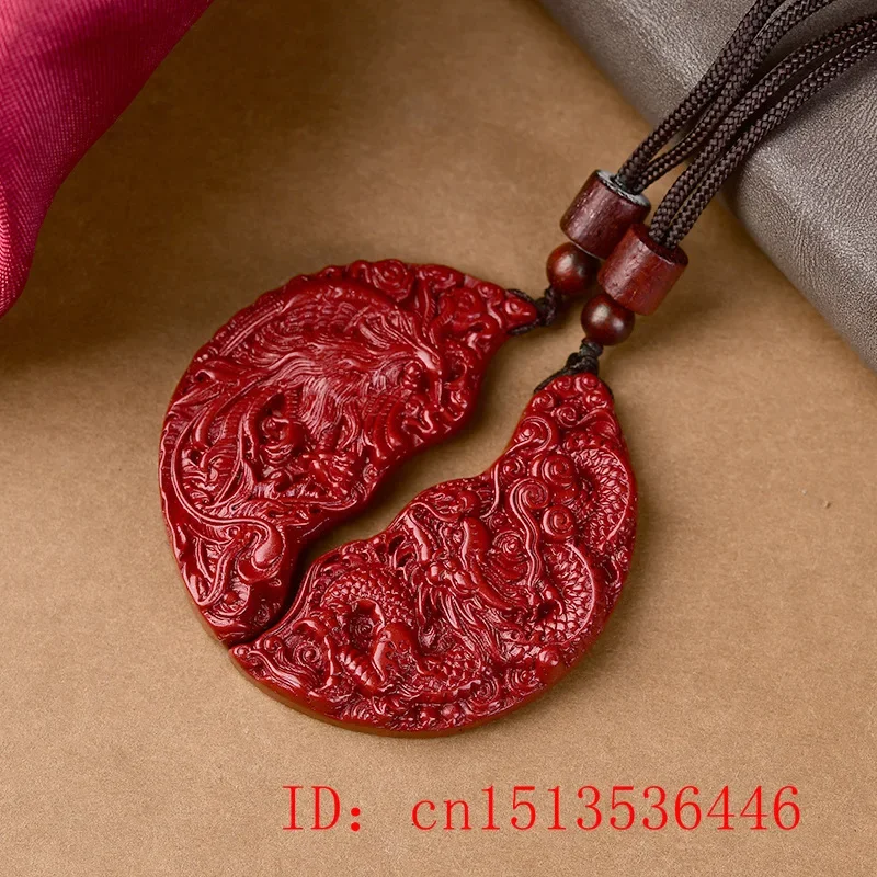 Fashion Cinnabar Jade Dragon and Phoenix Couple Pendant Necklace Jewellery Chinese Healing Women Man Luck Gift Sweater Chain