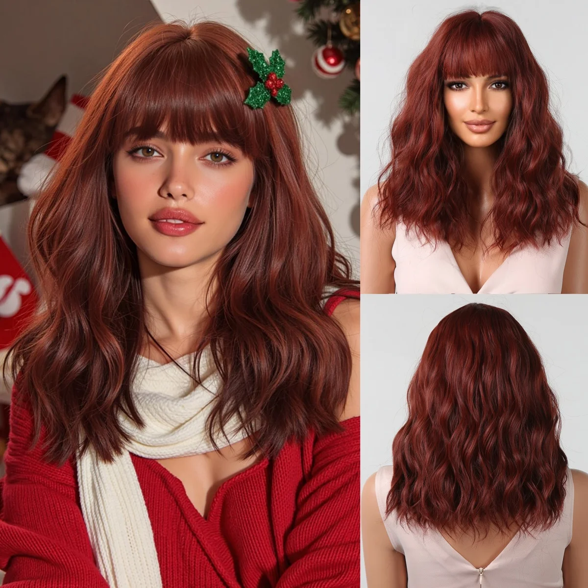 

Medium Length Dark Red Synthetic Wigs for Women Water Wavy Wigs With Bangs Wig Daily Christmas Party Heat Resistant Fiber