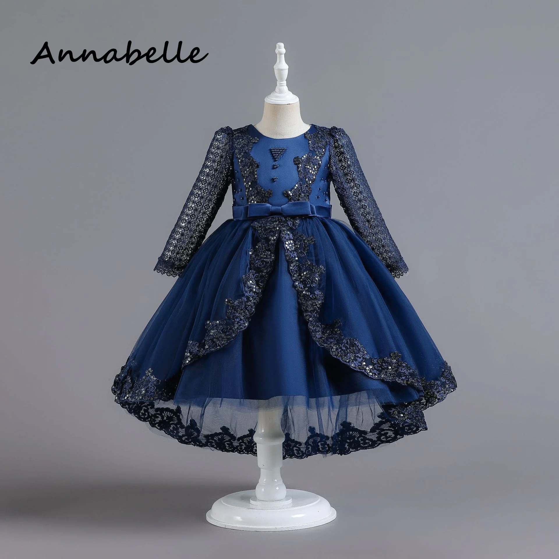 Annabelle-vestido de princesa de flores para niña, vestidos de manga larga hinchados para Ceremonia de cumpleaños, fiesta de boda, dama de honor con lazo