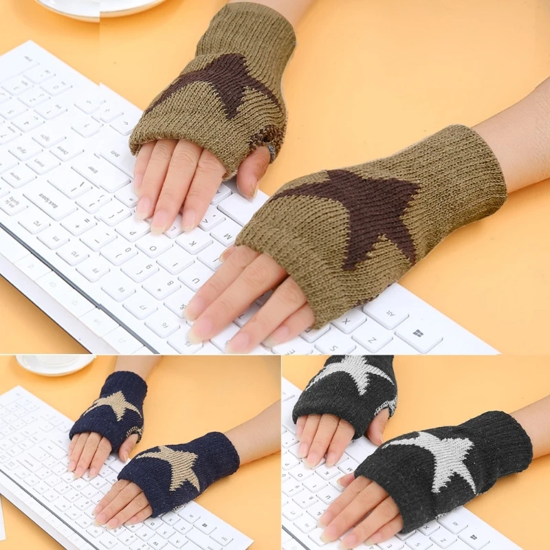 Knitted Gloves for Adult Touch Screen Mittens Male Female Winter Gloves with Pentagram Pattern Fingerless Gloves