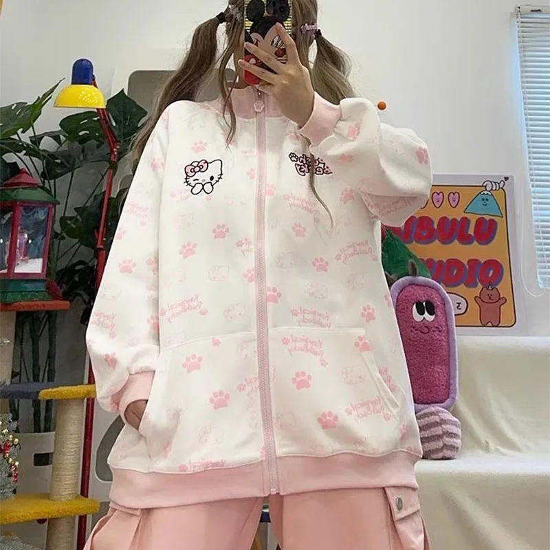 

Sanrios Hello Kittys Cute Printed Hoodies Y2K Women Hooded Jacket Spring Fall Loose Sweatshirt Fashion Couple Coat College Style
