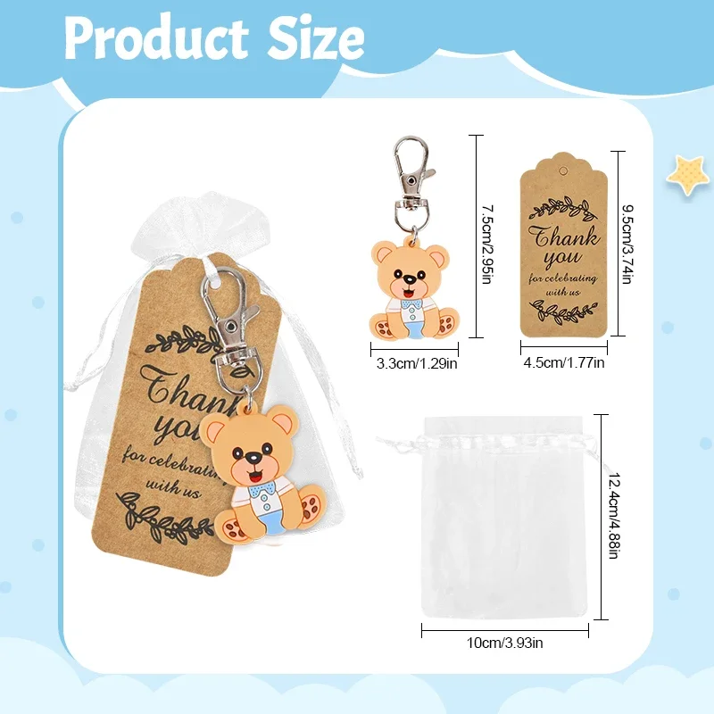 10-30sets baby shower souvenir organza gift bag with thank you tag bear keychains girl boy gender reveal birthday party favors
