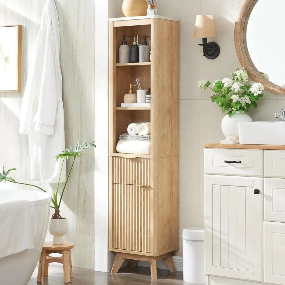 

68" Tall Bathroom Narrow Storage Cabinet with Adjustable Shelf, Drawer & Faux Marble Top,Curved Profile Linen Tower for Bathroom