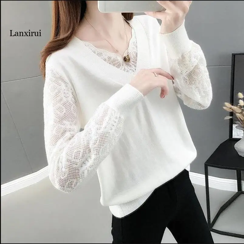 Fashion New Women's V-Neck Long Sleeve Spring And Summer Lace Casual Loose Splicing Fake Two-piece Knitted Bottomed Sweater