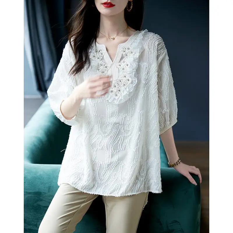 Summer New Solid Color Fashion Short Sleeve Blouse Women High Street Casual Loose Pullovers Embroidered Flares Lace Chic Tops