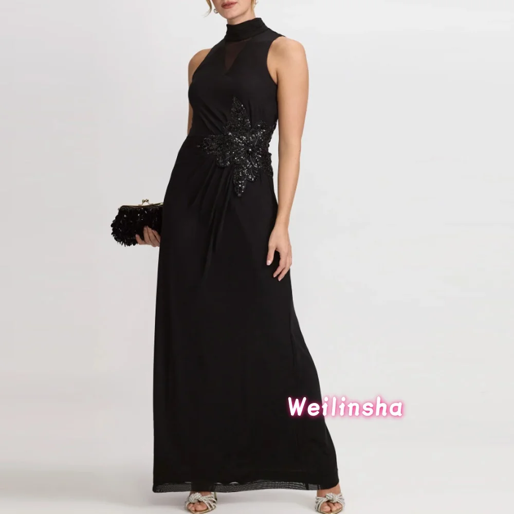 

Customized Black Applique Sequined Mother of The Bride Dress Straight Halter Long Wedding Guest Gowns Fashion Elegant Dresses