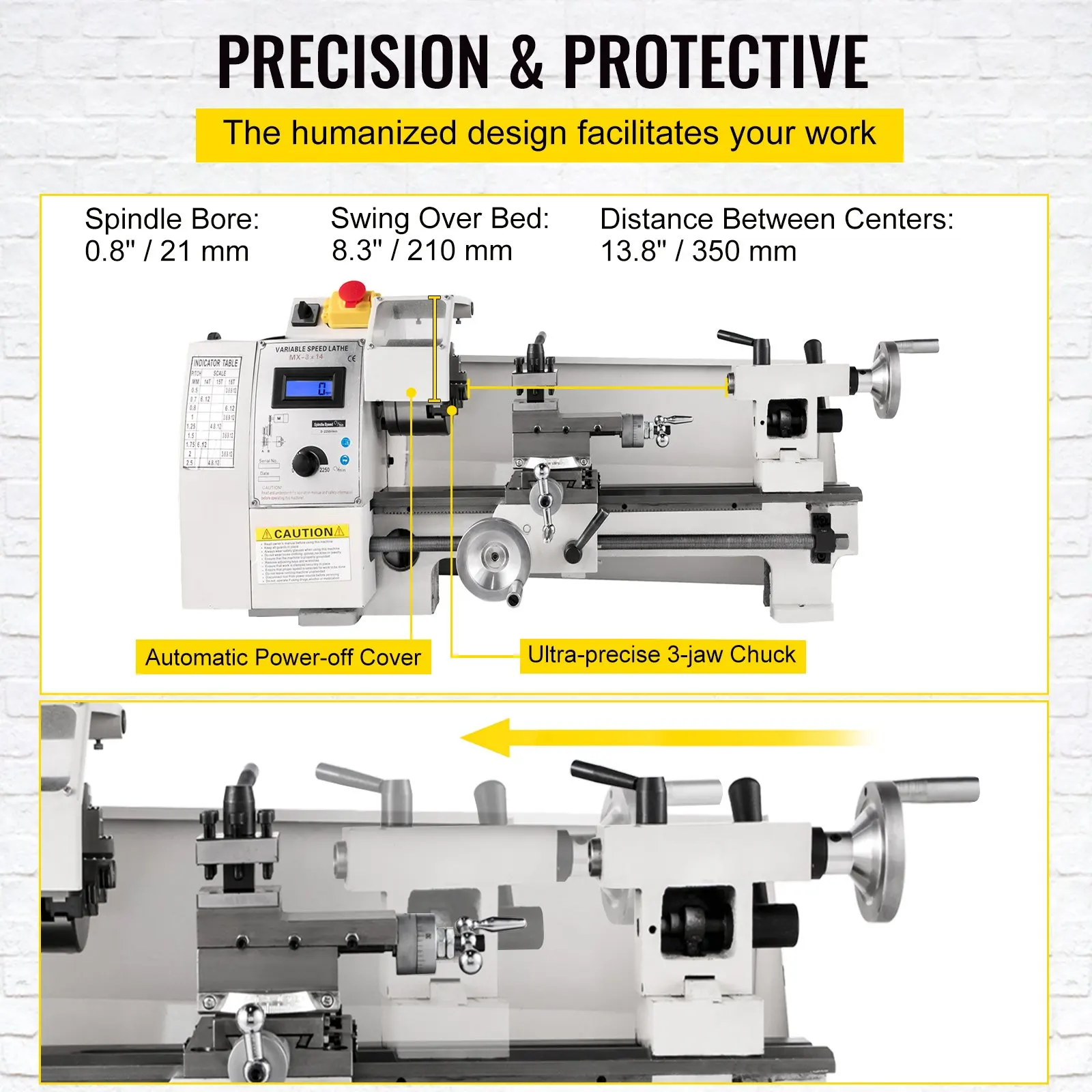 

Compact Metal Lathe, 8"x14", Adjustable Speed 2250 RPM, 650W Power, Precision Engineering Lathe For Metalworking, Ideal For