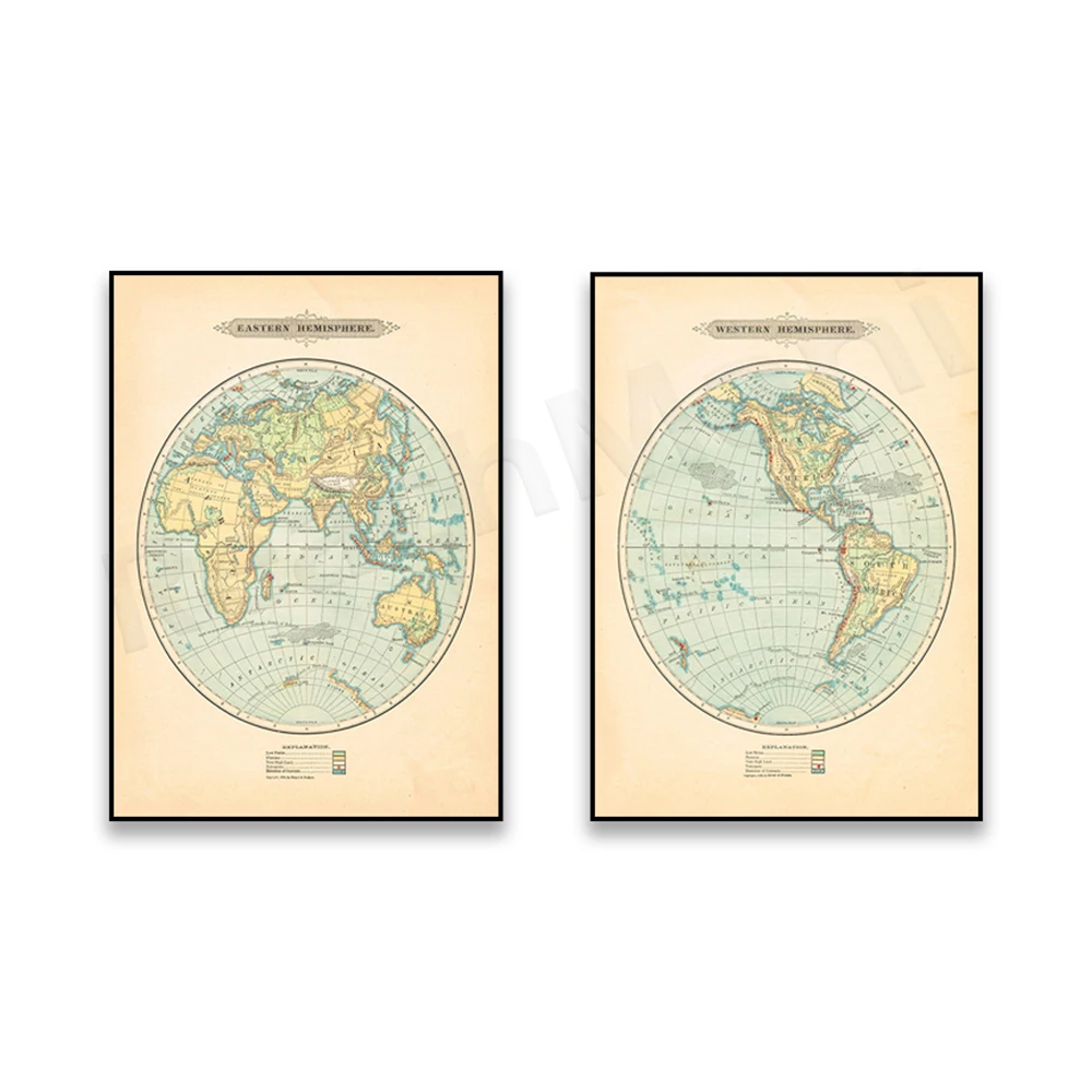 Vintage-Weltkarte, Karte der antiken Ost-West-Halbkugel, schöne Reisekarte, Wandkunst, Poster, Wohnzimmer, Heimdekoration