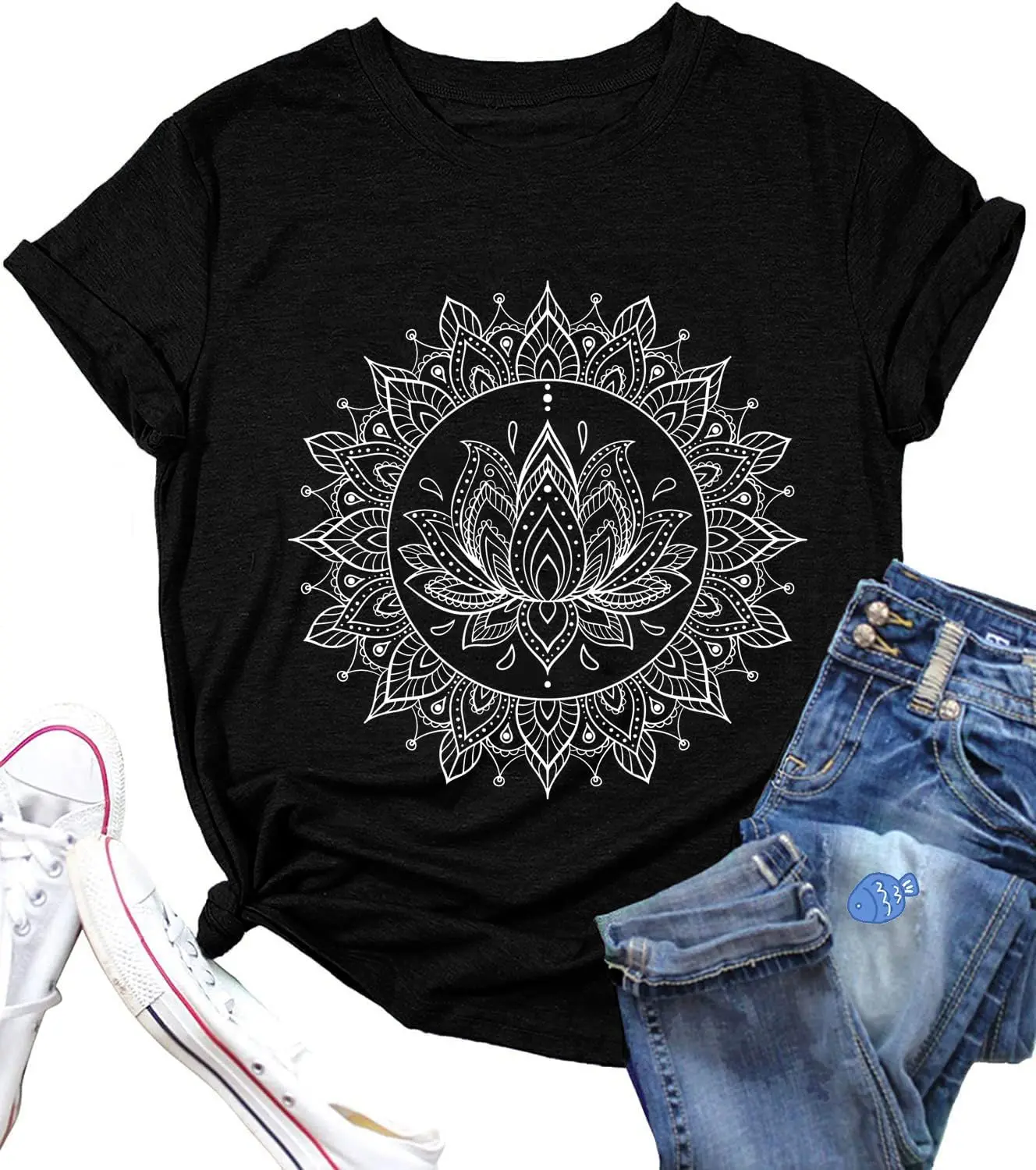 Mandala T-Shirt for Women Lotus Flower Pattern Shirt Retro Mandala Summer Casual Vacation Top