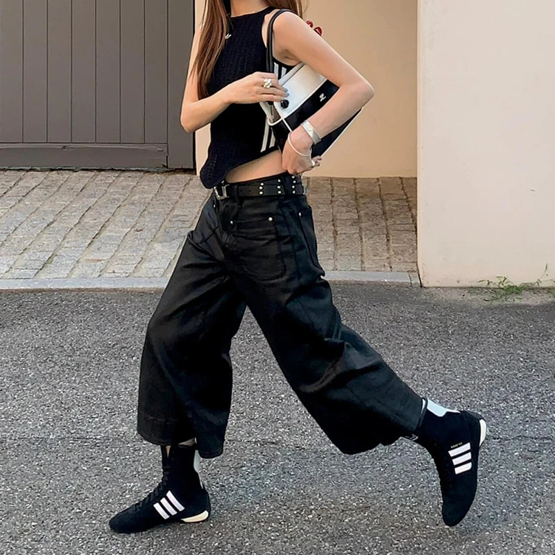 PBAP Cleanfit Women Solid Black Bootcut Jeans Jorts Retro Spliced Pockets Wide Leg Wax Coated Denim Short Pants Punk Streetwear