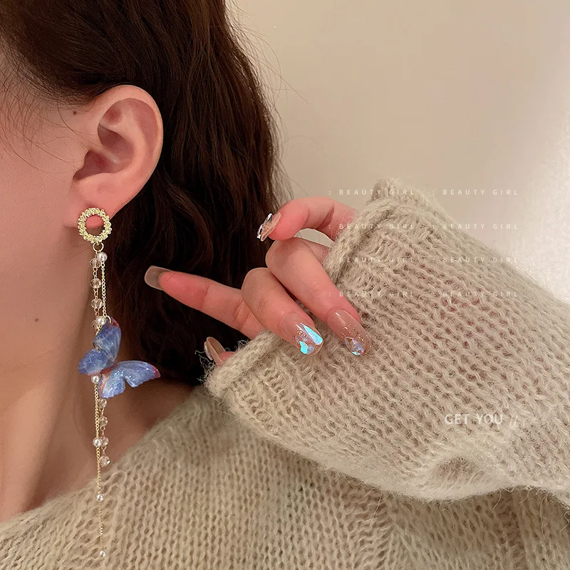 Sweet Blue Pink Butterfly Crystal Tassel Earrings for Women New Korean Fashion Delicate Long Drop Earrings Jewelry Party Gift