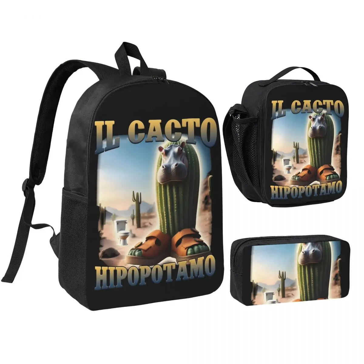 3pecs/set IL Cacto Hipopotamo Italian Brainrot Backpack High-capacity Italian Brainrot Laptop Shoulder Bag Lunch bag Pencil Case