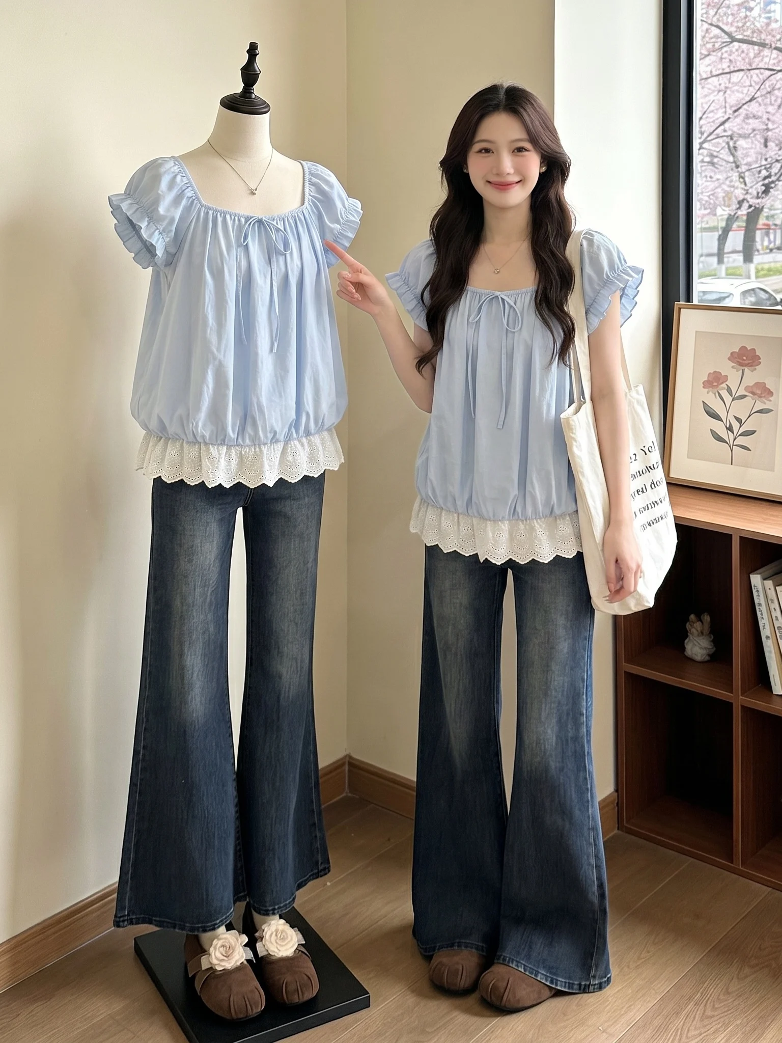 

Light Blue Square Collar Short Sleeve Women's Shirt Korean Style Casual Loose Fit Commute Fashion Summer New Arrival