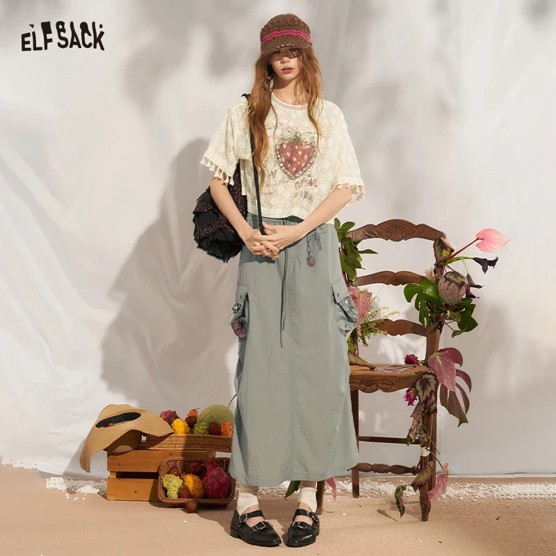 

ELFSACK Strawberry Print Punk Cargo Midi Skirt, Fake Pocket Rivet Detail Streetwear, Y2K Grunge Utility Skirt
