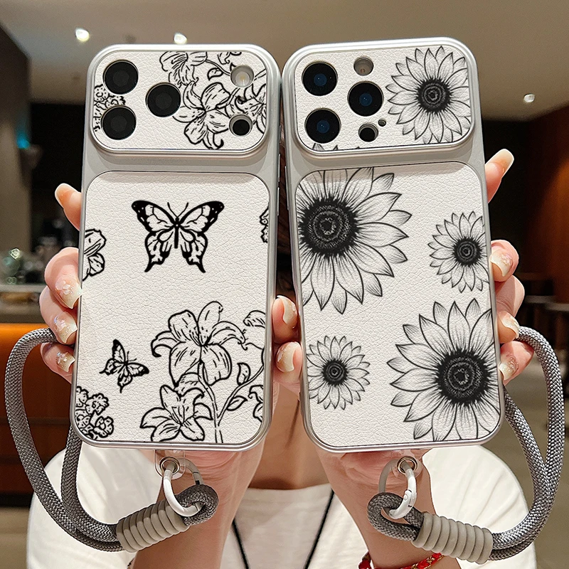Matte Leather Texture Phone Case For iPhone 17 16 15 14 13 Pro Max Black Flower Pattern Wrist Strap Lanyard Soft TPU Back Cover