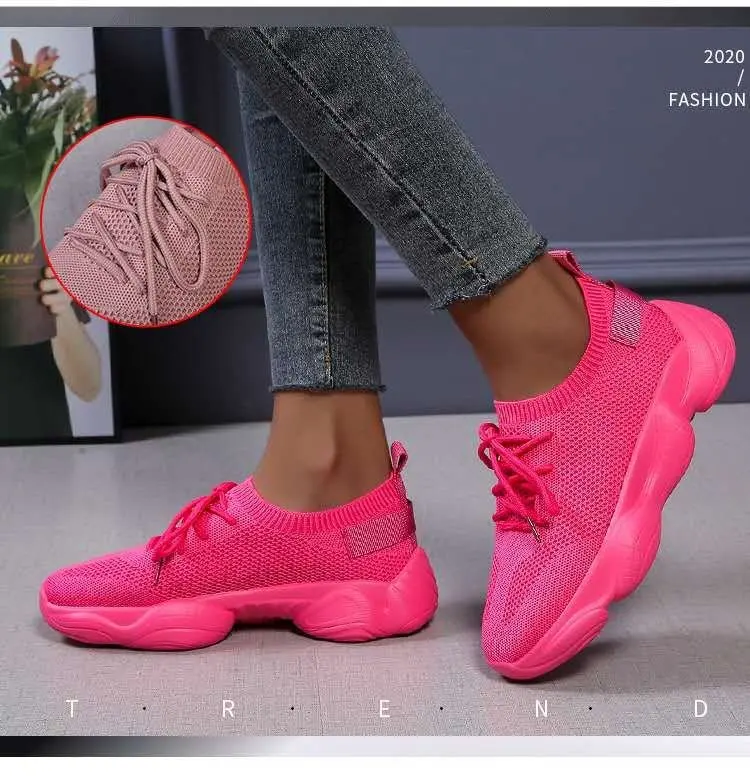 HKDQ Women's Sneakers Round Toe Flat Heel Woven-Look Upper Lace-Up Slip-On Platform Athletic Style Shoes