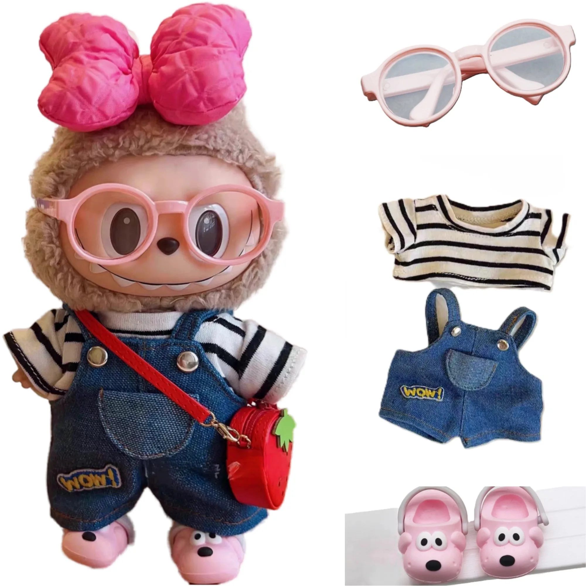 For 17cm Labubu Strap Pants Set Cowboy overalls Pink Glasses Slippers Labubu Designer Clothes Labubu Ropa