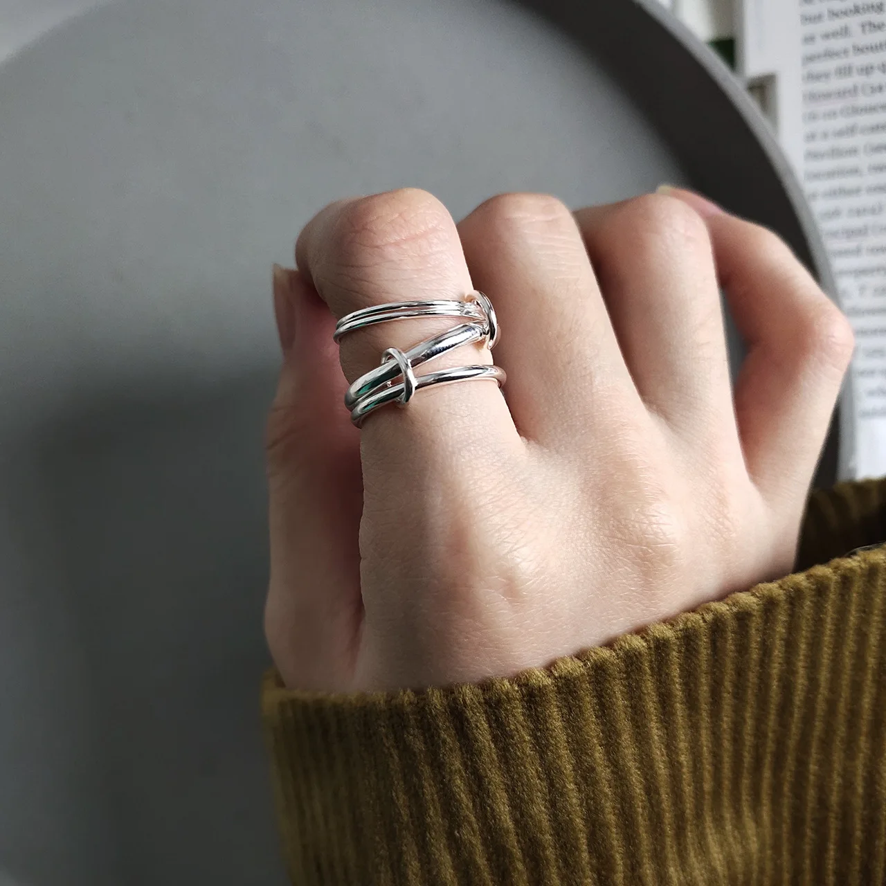 Korean Edition 925 Sterling Silver Ring Handmade Heavy Industry Multi-circle Line Rings Interlaced Minimalist Fashion Jewelry