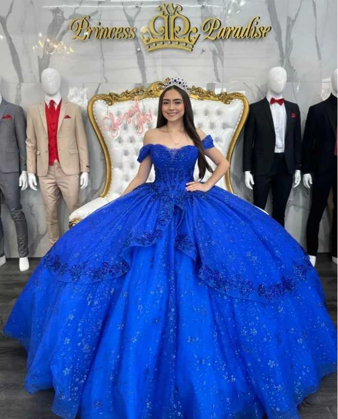 Mewah Royal Blue vestido de princesas Off Shoulder applique payet manik-manik kerah Appliqué Backless vestidos de 15 quinceaberi