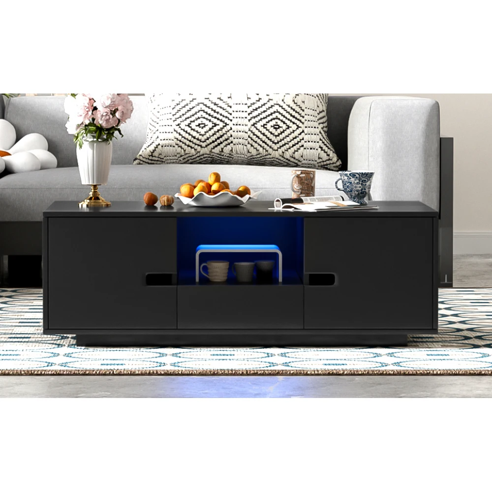 U-Can Modern High Glossy Rectangle Coffee Table Stylish Center Table with Storage Space Accent Furniture 16 Color LED Lights