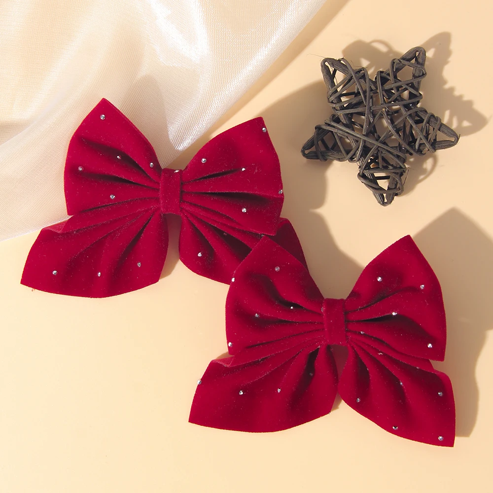 2PCS/Set Girl's Favorite Cute Bow Hair Clip Diamond Embellished Velvet Solid Color Bow Alloy Safe Hair Accessory Kids Gift