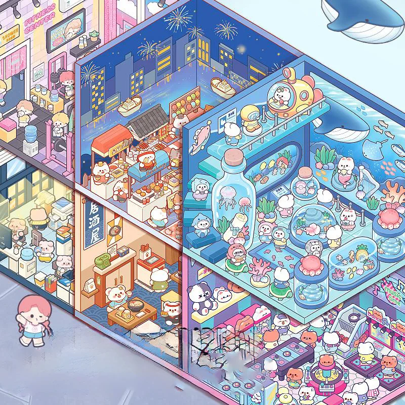 Cartoon Landscape Sticker Book 20in1 DIY 3D Stacked Stereoscopic Miniature Cabins Scene Stickers Gift for Kid Child 20pcs