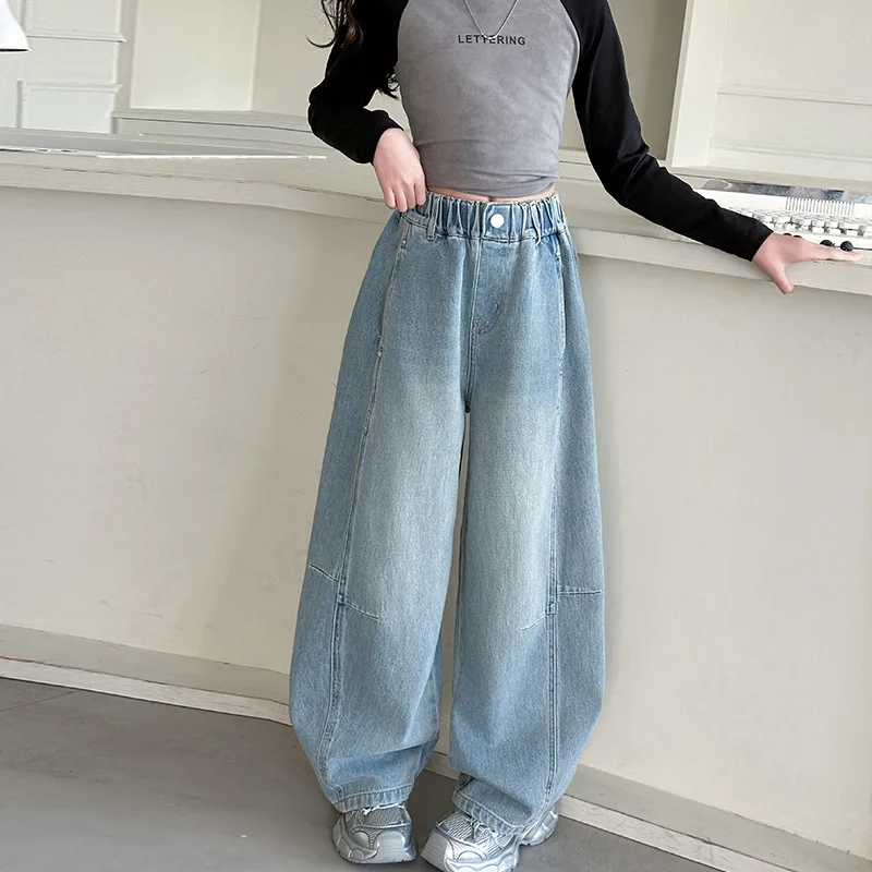 

2025 Autumn Korean Teenager Girls Denim Pant Retro Elastic Waist Children Girls Pant Solid Color School Girls Wide Leg Pant