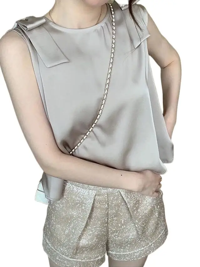 

Women's Bow tie Blouses Summer Plus Size Satin Office Black Women Tunic Elegant Shirts Silk Sling Vest Woman Tops 5XL