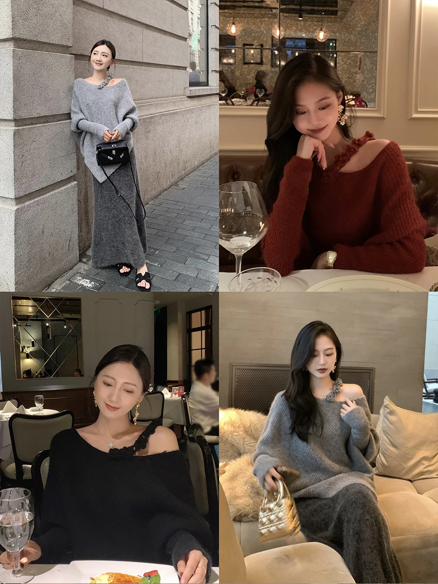 

Женский удлиненный вязаный свитер-накидка Tina с цветочным узором и асимметричным вырезом на плече, зима 2024, с высоким воротником, модный, премиум-класса