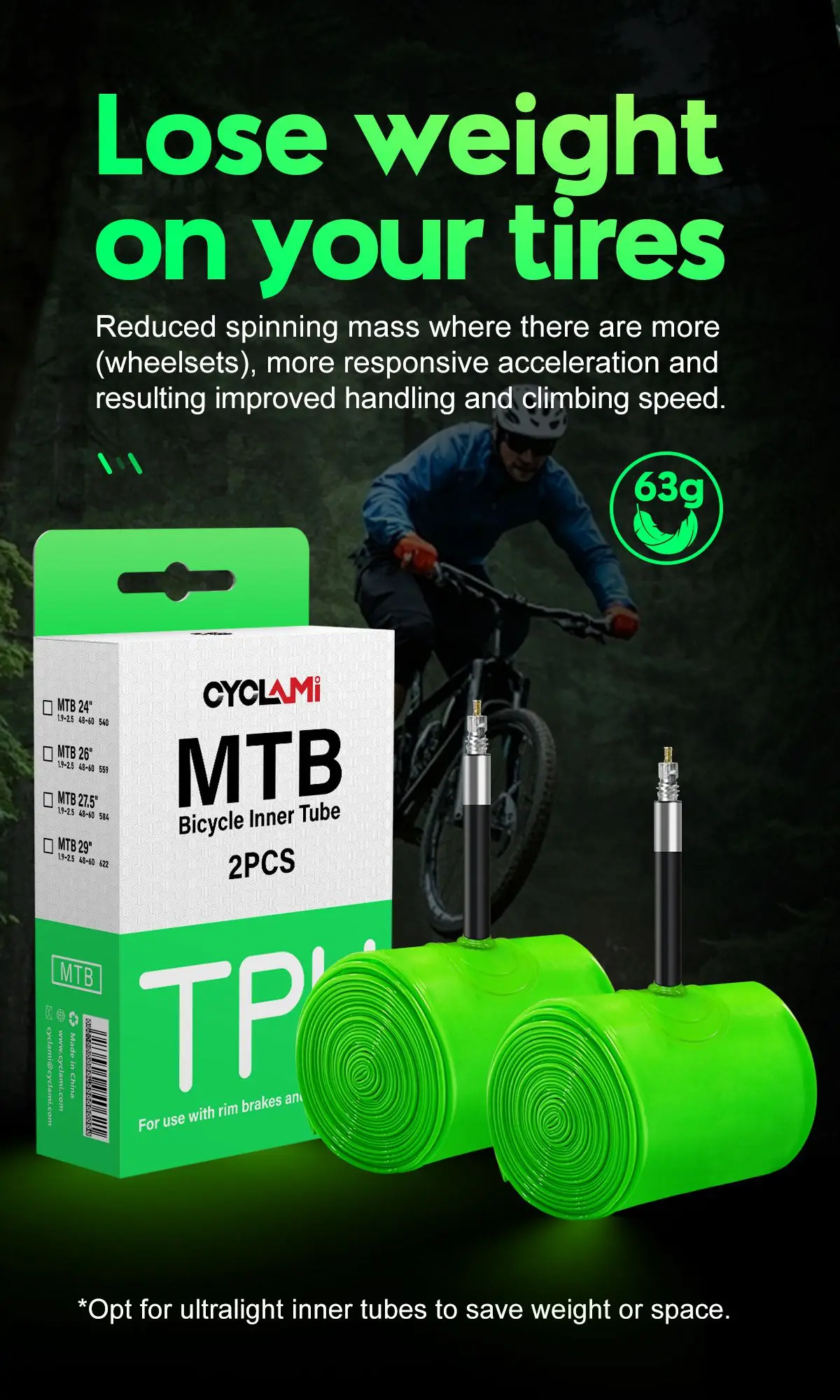 10 Stück CYCLAMI Ultraleichter TPU-Fahrradschlauch MTB 26 27,5 29 Zoll Fahrrad 63 g French Valve Reifenreparaturwerkzeuge Radfahren Großhändler – Detail 5