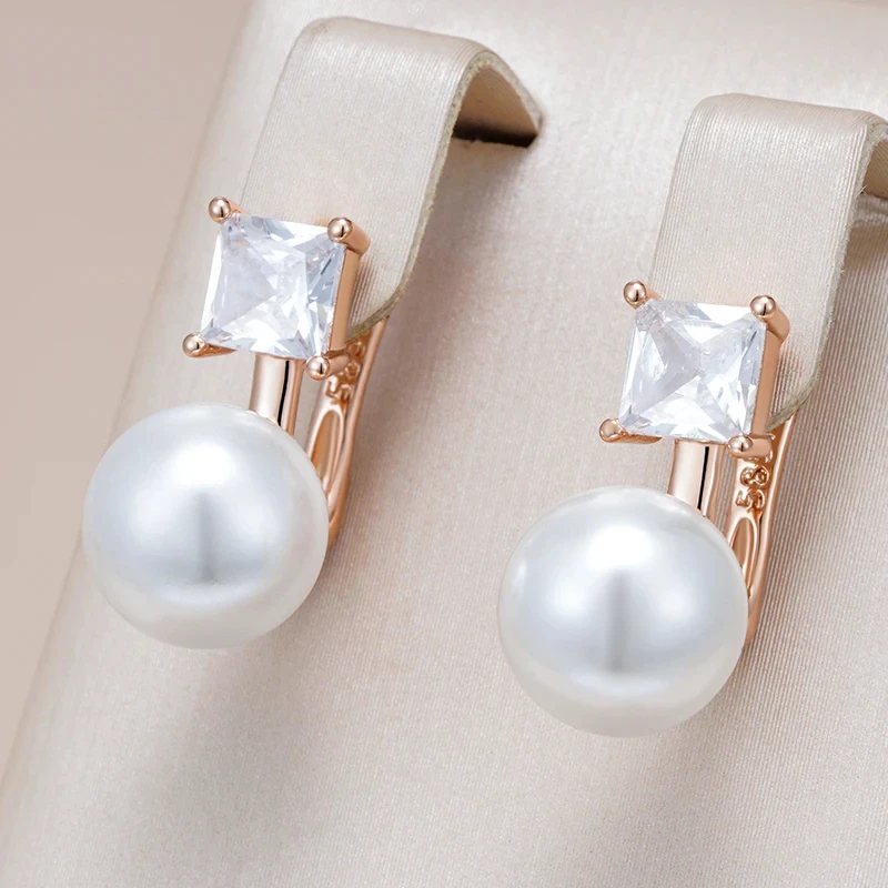 Wbmqda Simple Pearl Drop Earrings For Women 585 Rose Gold Color With Natural Zircon High Quality Daily Jewelry