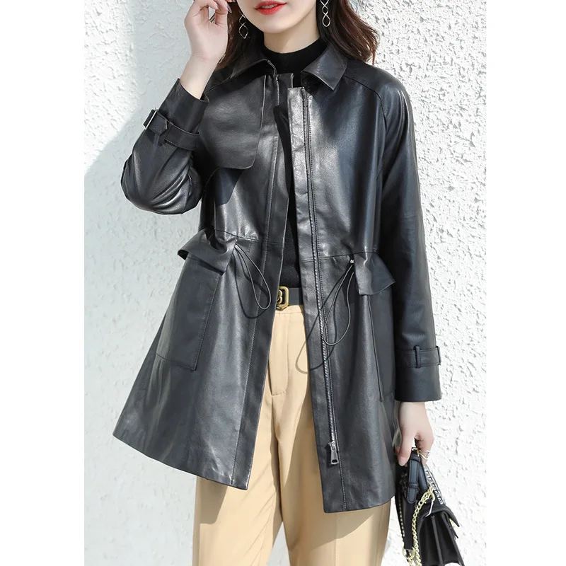 2024 New Sheepskin Leather Fashion Zipper Long Windbreaker Temperament Leather Garment