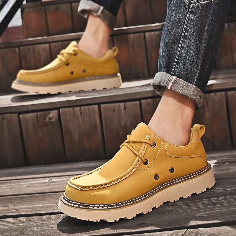 HKDQ High Quality Cowhide Leather Work Shoes Men Fashion Yellow Casual Sneakers For Man Comfy Lace-up Outdoor Men\'s Sports Shoes