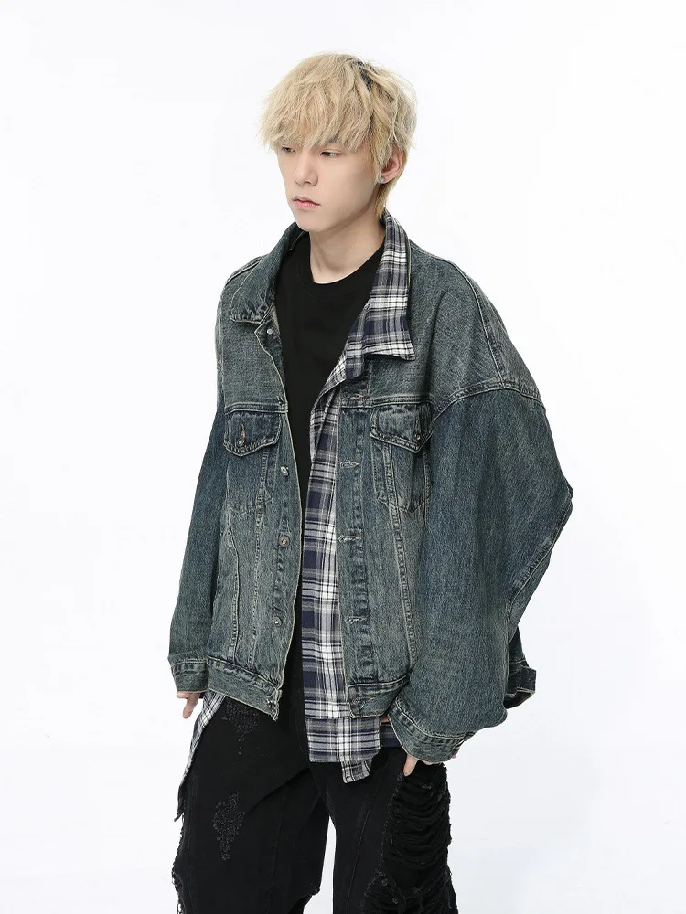 [OIMG] Men's 2024 Spring New Korean Checkered Irregular Splicing Fashion Denim Jacket Trend