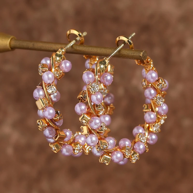 

Vintage Pink Pearl Flower Wreath Hoop Earrings Gold Color Beads Woman Trend 2025 Valentine Day Gift Party Luxury Quality Jewelry
