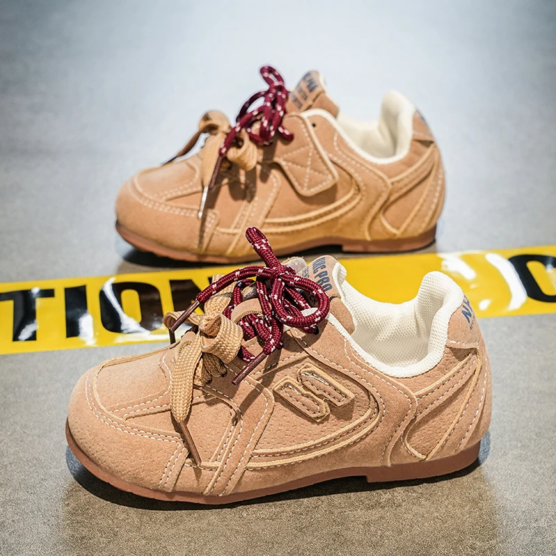 2025 خريف جديد ريترو للأطفال بنين بنات جلد رقيقة أسفل احذية الجري طفل نغمتين أربطة الحذاء عدم الانزلاق أحذية تدريب #4