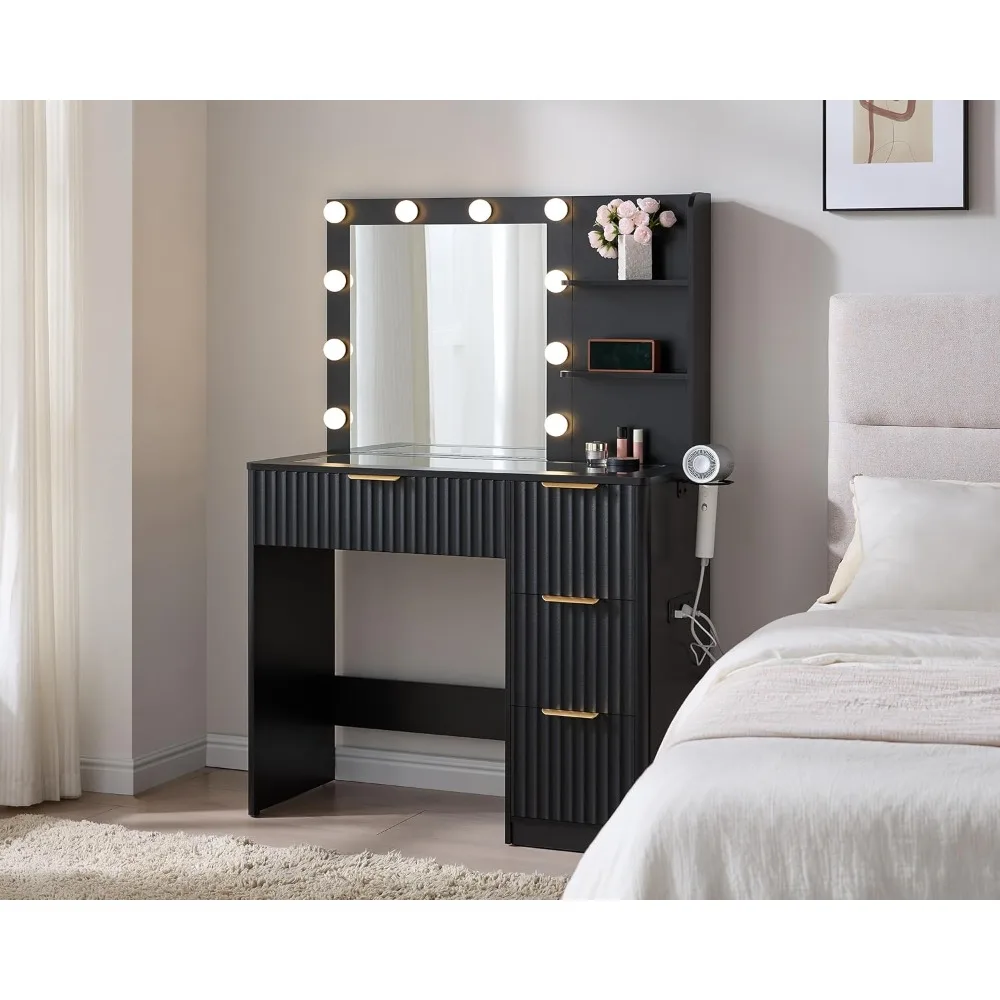 

36.2 Fluted Vanity Desk with Mirror and Adjustable LED Lights, Large 4 Drawers Makeup Table with Glass Top and Charging