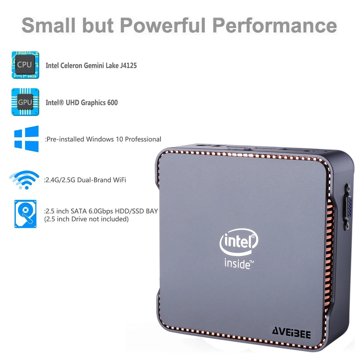 AVEIBEE-Mini PC Gamer, Intel Celeron J4125, 8 Go DDR4, 128 Go, 256 Go, Windows 10, P1, 11, Ordinateur de jeu, 4K, 60Hz, HDMI, VGA, Gk3V