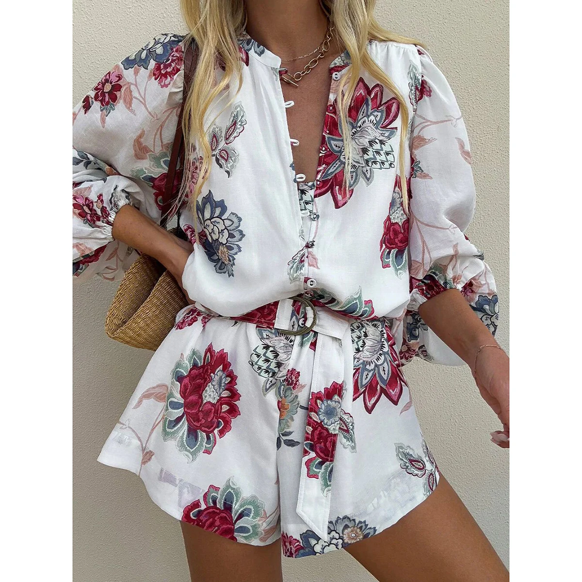 

Women Spring Summer Floral Print Single Breasted Belt Casual Linen Jumpsuit Shorts
