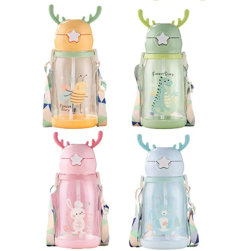 

580ml Water Bottle Kids Drinking Cup Deer Antler Creative Cartoon Feeding Cup with Straw Leak Proof Water Bottle Outdoor